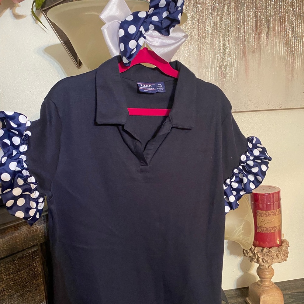 Polkadotted blue and white outfit..with hair bow match